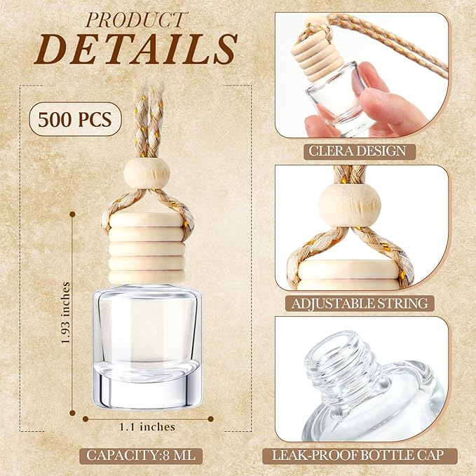 Zubebe 500 Pcs Hanging Car Air Freshener Diffuser Bottles Empty Bulk 8ml Clear Glass Essential Diffuser Oil Pendant Bottle Refillable Automotive Aromatherapy Fragrance Perfume Containers, Cylindrical