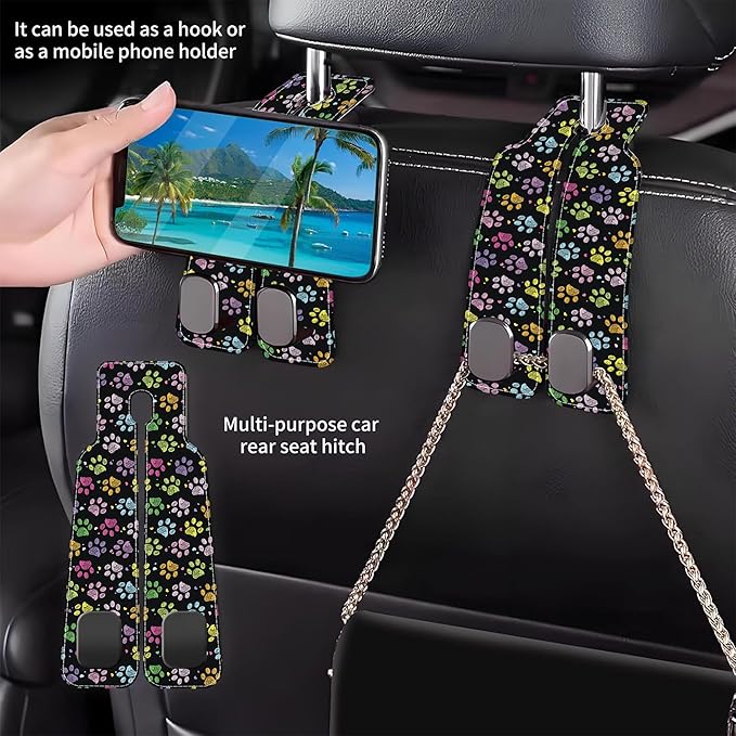 AEWNUNK Car Headrest Purse Hanger Colorful Paw Prints 1 Pack Bag Purse Holder for Car Premium Leather Double Metal Hook for Handbags, Grocery Bags and Phones