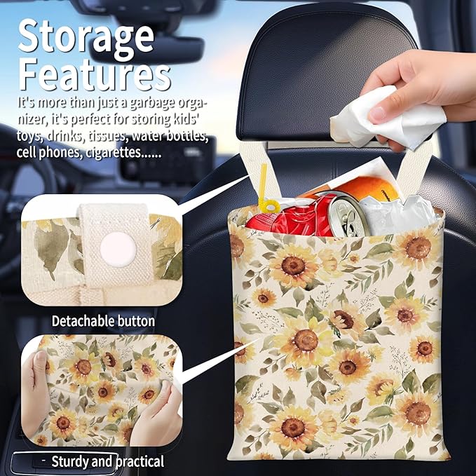 BEAKND Hanging Car Garbage Bag, Cute Car Trash Can Bag, Automotive Accessories for Women Men Cute Yellow Sunflower