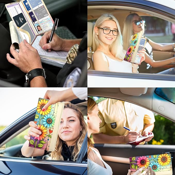 FinestHouse Car Registration and Insurance Holder with Magnetic Closure, Universal Document Organizer for License, Insurance Cards & Glove Box Storage (Sunflower-Colorful)