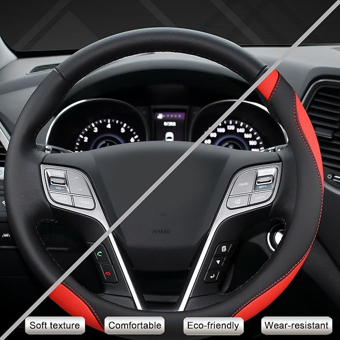 West Llama Customized Auto Car Steering Wheel Cover for Hyundai,Tucson,Sonata,Elantra,Santa Fe,Genesis,Sonata Hybrid,Azera,Venue,Kona, 14.5-15 inches(Black+Red - Standard Size)