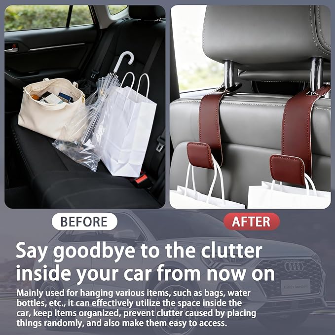 Romiona Leather Car Purse Hooks with Larger Strap Holder Purse Hook Purse Holder for car car seat Back Hooks Automotive seat Back Organizer headrest Hooks for Bags and Purse (Black, 2pcs)
