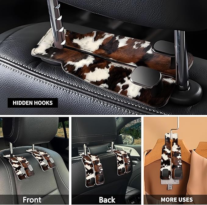 NUGGHU Car Seat Headrest Hook, Universal Leather Cute Hanger Holder Hook, Storage Organizer Interior Accessories for Purse Bags Handbag Luxury Brown Cowhide