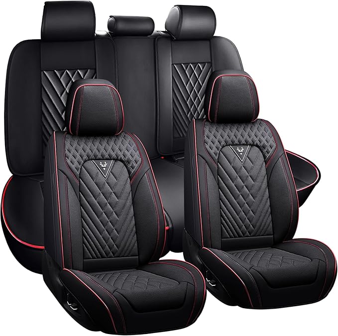 for Kia Sportage Car Seat Covers Full Set, Leather Seat Covers for Car,Lumbar Muscle Pain Healing Function, Waterproof Automobile Seat Protector with Lumbar Support(Black Red)