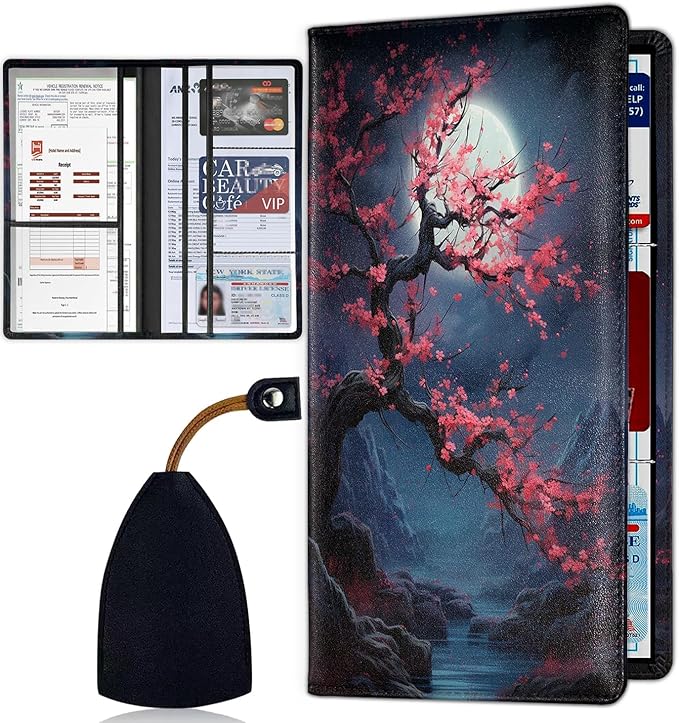 Car Document Holder with Magnetic Shut, Car Registration & Insurance Card Holder, Waterproof PU Leather Glove Box Organizer Vehicle Accessories Driver License for Women/Men, Plum Blossoms Pattern