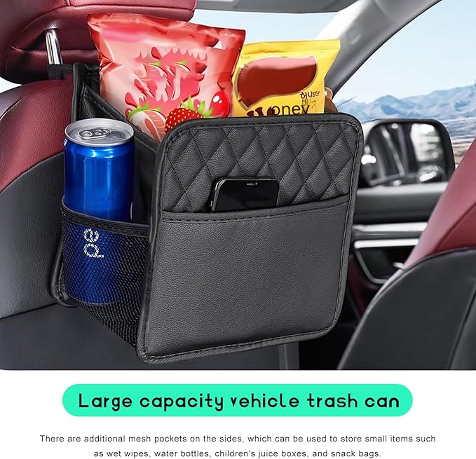 Car Back Seat Organizer, Large Capacity Foldable Car Headrest Hanging Organizer with Storage Pockets, Waterproof Leather Multipurpose Back Seat Storage Bag for Most Vehicles (Black)