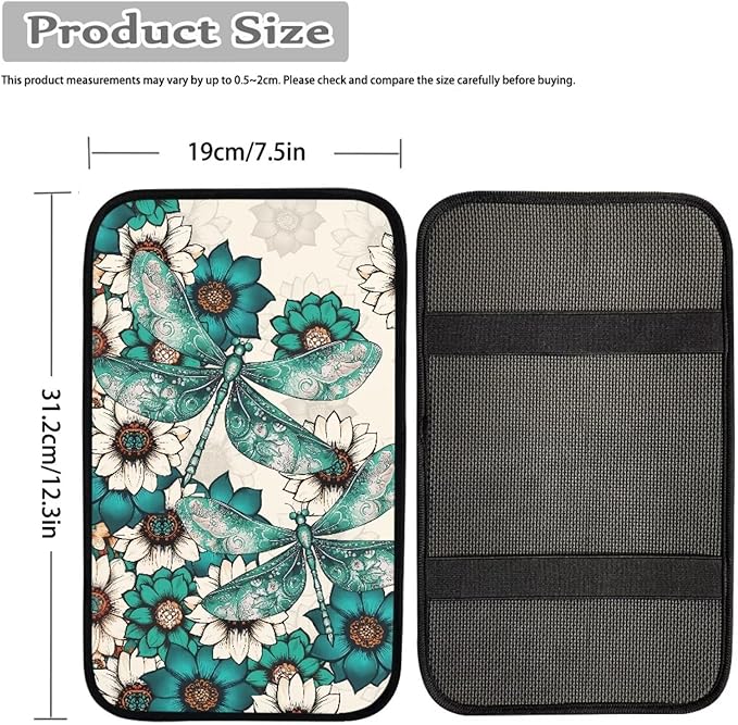 Dahlia Dragonfly Center Console Cover for Cars Vintage Car Armrest Cover Auto Armrest Box Cover Floral Dragonfly Cars Interior Accessories for Vehicle Trucks SUV