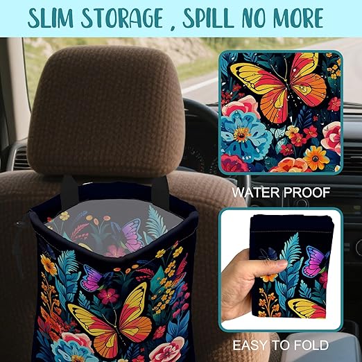 KXWQTRDD Car Garbage Bag Colorful Flowers and Butterflies Hanging Canvas Car Trash Bag Waterproof Drawstring Car Back Seat Organizer for Car Back Front Seat Console with Adjustable Buckle
