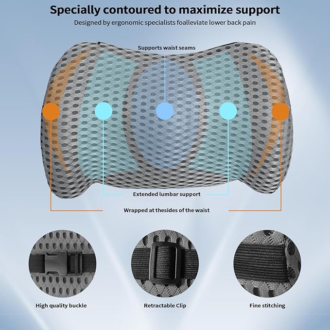 sproerden Lumbar Support Pillow with Adjustable Straps for Lower Back Pain Relief. Memory Foam Lumbar Support Pillow for Car, Bed, Office Chair, Gaming Chair, Recliner, Improves Posture (Gray)
