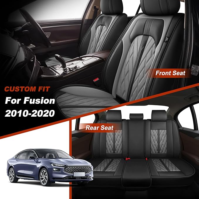 TTX LIGHTING Seat Covers Fit for Ford Fusion 2010-2020 Seat Covers Full Set Car Seat Covers Faux Leather Breathable Waterproof Car Seat Protector (5 Seats, Black&Grey)