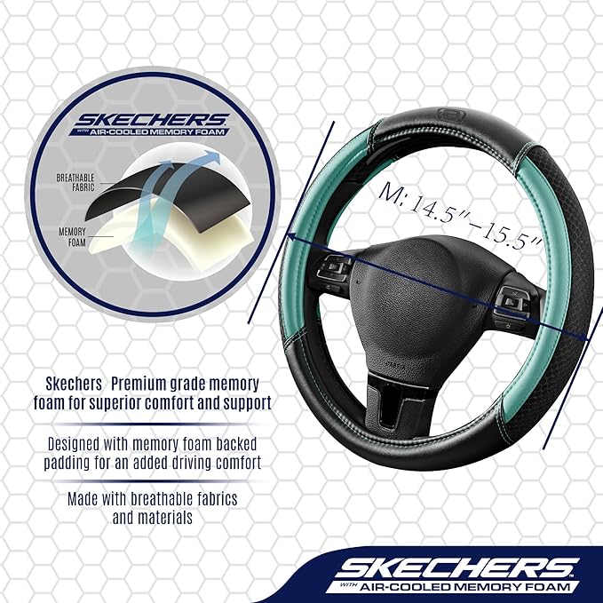 Skechers Air-Cooled Steering Wheel Cover,Air Cool Mesh Leather Car Steering Wheel Cover Universal Fit 14" 1/2-15" Car Wheel Protector for Men Women Fit Suvs,Vans,Sedans,Car,Trucks,Mint
