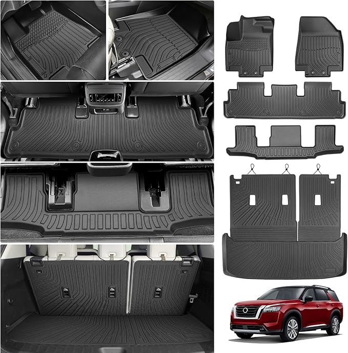 Cartist Floor Mats and Cargo Liner Fit for Nissan Pathfinder 7 Seats 2022-2026 All Weather TPE Floor Mat Pathfinder Accessories Heavy Duty Carpet Protection (Trunk Mat with Backrest Mat+Floor Mats)