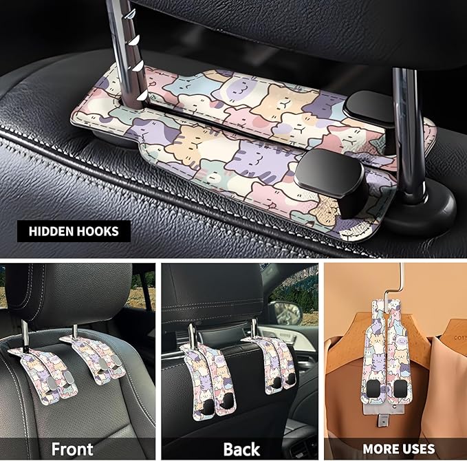 NUGGHU Car Seat Headrest Hook, Universal Leather Cute Hanger Holder Hook, Storage Organizer Interior Accessories for Purse Bags Handbag Colorful Cute Cats