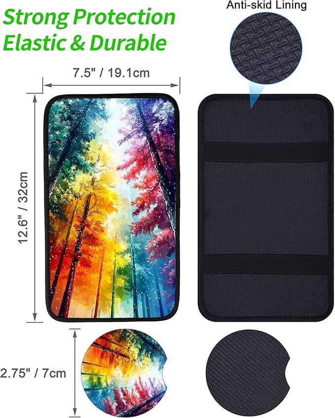 JANENFNA Car Armrest Cover Pads Universal Fashion Cute Auto Center Console Armrest Cover Pad with 2PCS Car Coasters Soft Waterproof Car Armrest Seat Protector for Women,Colorful Forest-A