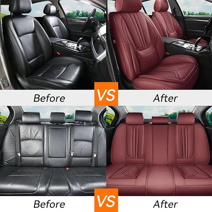 SCDOOCA Car Seat Covers Full Set Burgundy, Luxury Leather Car Seat Covers, Waterproof and Breathable Seat Covers, Universal Car Seat Protector Fit for Cars, Trucks, SUVs, Pick-ups (Wine Red, FullSet)