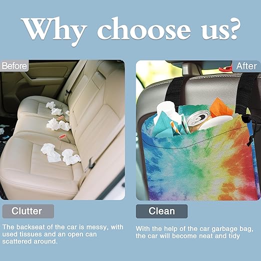Retro Rainbow Swirl Car Garbage Bag,Small Car Trash Bag Hanging Back of Seat,Drawstring Car Trash Bag with Adjustable Buckle,Car Accessories for Camping Travelling