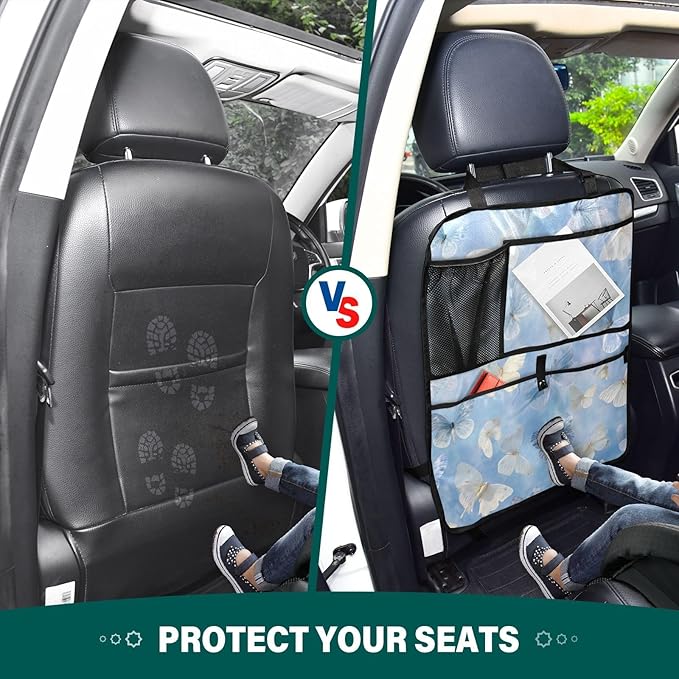 2 Pack Back Seat Car Organizer with Storage Pockets Kick Mats Back Seat Protector Hanging Car Organizer Automotive Seat Back Cover Organizers Sky Blue and White Butterflies