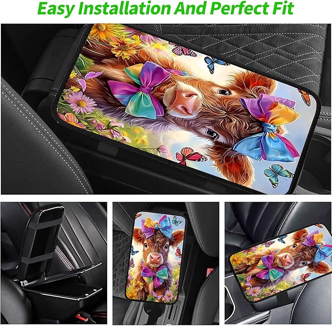 JANENFNA Car Armrest Cover Pads Universal Fashion Cute Auto Center Console Armrest Cover Pad with 2PCS Car Coasters Soft Waterproof Car Armrest Seat Protector for Women,Calf with Colorful Bows-A