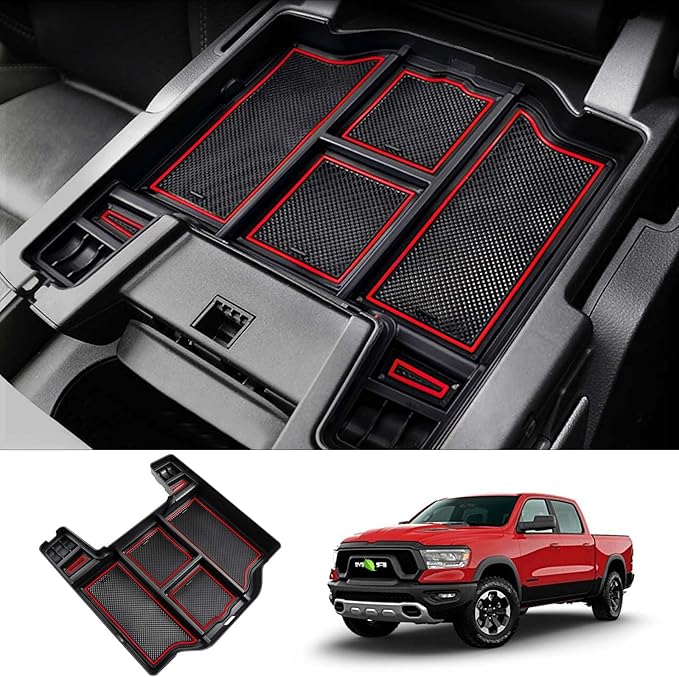 FIILINES Center Console Organizer for Dodge Ram 1500 2500 3500 2019-2025, Center Console Tray Secondary Armrest Storage Box ABS Insert Container with Anti-Slip Mats