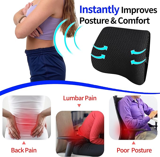 Lumbar Support Pillow for Car, Lower Back Support for Driving Seat Memory Foam Lumbar Pillow for Office Chair - Back Pain Relief for Car Seat, Wheelchair (3D Mesh Black)