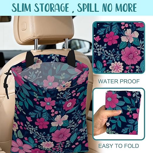 KXWQTRDD Car Trash Bag Watercolor Floral and Green Leaves Leak-Proof Car Garbage Bag with Drawstring Foldable Canvas Trash Bin with Adjustable Buckle for Car Accessories