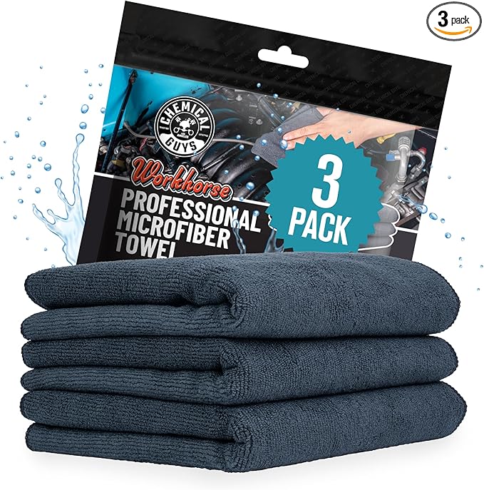 Chemical Guys Workhorse Professional Grade Microfiber Towels for Cars - Black 16x16 Inch Microfiber Cleaning Cloths for Home & Pet Drying, Soft & Scratch-Free, Washing, Drying & Cleaning, 3 Pack