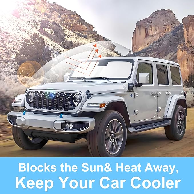 Windshield Sun Shade Custom Fit for 2018-2024 2025 Jeep Wrangler JL & 2/4 Door 4XE &2020-2024 Jeep Gladiator JT Accessories Foldable Sunshade Protect Car from Heat Damage Keep Car Cooler