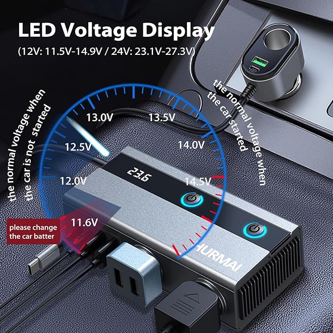 9 in 1 Cigarette Lighter Splitter Adapter with Retractable Phone Charger, 120W 3 Socket Heavy Duty Truck Car USB Chager Multi Port with PD/QC Charge USB C 12V/24V Independent Switches for Car Devices