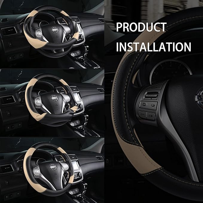 Leather Car Steering Wheel Cover, Non-Slip Car Wheel Cover Protector Breathable Microfiber Leather Universal Fit for Most Cars(Beige)