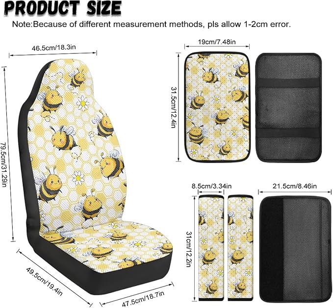 FUSURIRE Universal Yellow Bee Car Interior Accessory Set 5Pcs PU Front Seat Covers, Seat Belt Covers & Center Armrest PadFit for SUV Truck Van Year Round Use