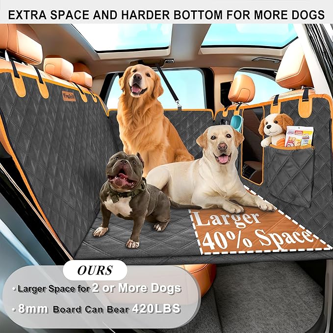 VIVASNIFF Hard Bottom Back Seat Extender for Dogs, Waterproof Dog Car Seat Cover, 420lb Support, 600D Heavy Duty Car Seat Protector Dog Hammock for Sedan, SUV, Small Truck(Black & Orange)