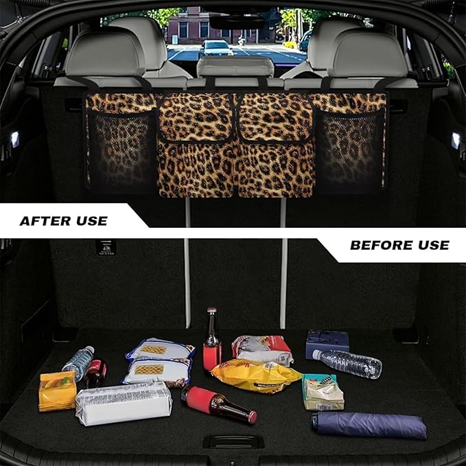 SEANATIVE Brown Leopard Car Trunk Organizer, Large Capacity Car Organizer SUV, Equipped with Robust Elastic Net, Hanging Car Storage Organizer with Lids, Space Saving Expert