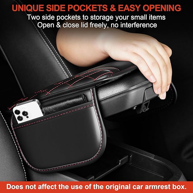 Center Console Cover Fit for Kia Sorento 2003-2025 with 2 Storage Bags Waterproof Leather Quilted Pattern Car Armrest Cover Cushion Anti - Slip(002#Black&Red Line)