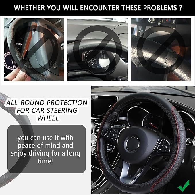 Leather Steering Wheel Cover,Anti Slip Car Steering Wheel Cover for Car Decorations & Steering Wheel Protections,Universal 15Inch Wheel Cover Car Interior Accessories for Men & Women (Black+Red)