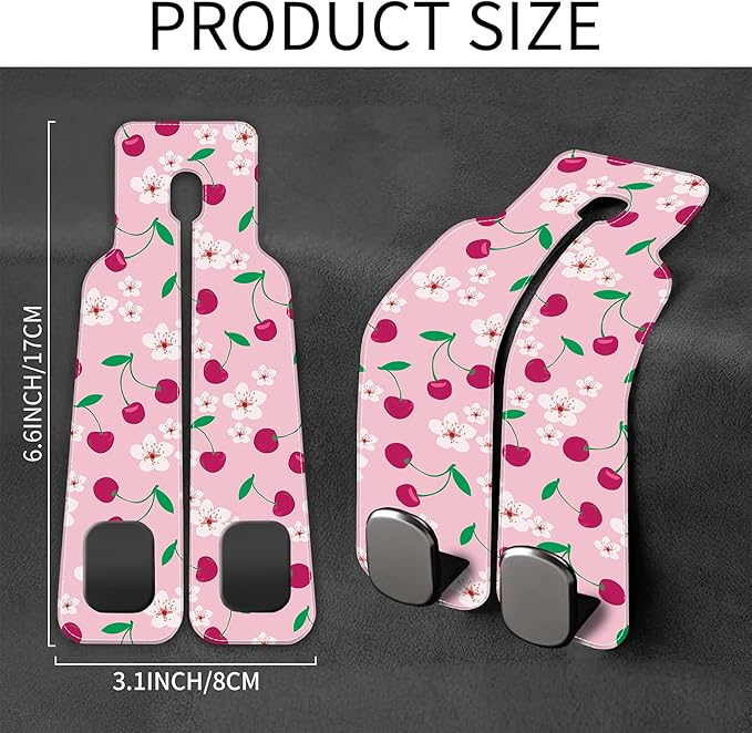AEWNUNK Car Headrest Purse Hanger Cute Floral and Pink Cherries 1 Pack Bag Purse Holder for Car Premium Leather Double Metal Hook for Handbags, Grocery Bags and Phones