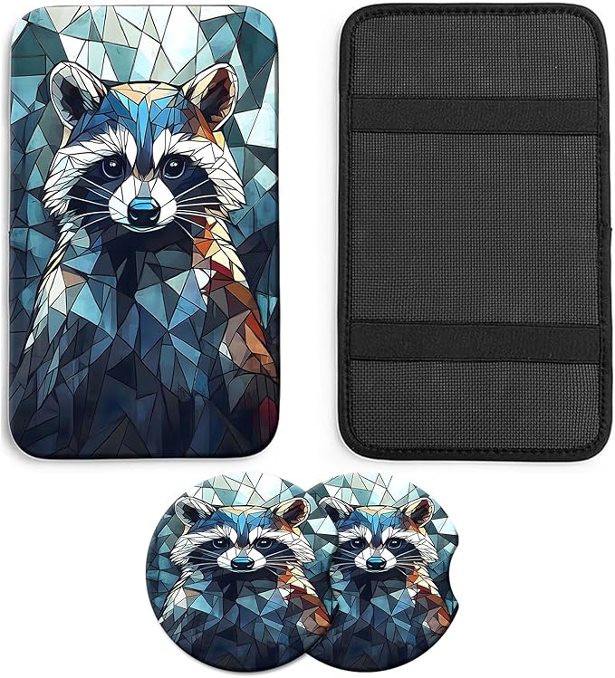 JANENFNA Car Armrest Cover Pads Universal Fashion Cute Auto Center Console Armrest Cover Pad with 2PCS Car Coasters Soft Waterproof Car Armrest Seat Protector for Women,Colored Glass Raccoon