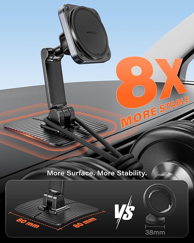 APPS2Car Magnetic Phone Holder for Car, 360° Adjustable Car Cell Phone Holder Mount with Large Adhesive Base, Fits Flat & Curved Dashboards, Compatible with Magsafe iPhone, Samsung, Smartphones