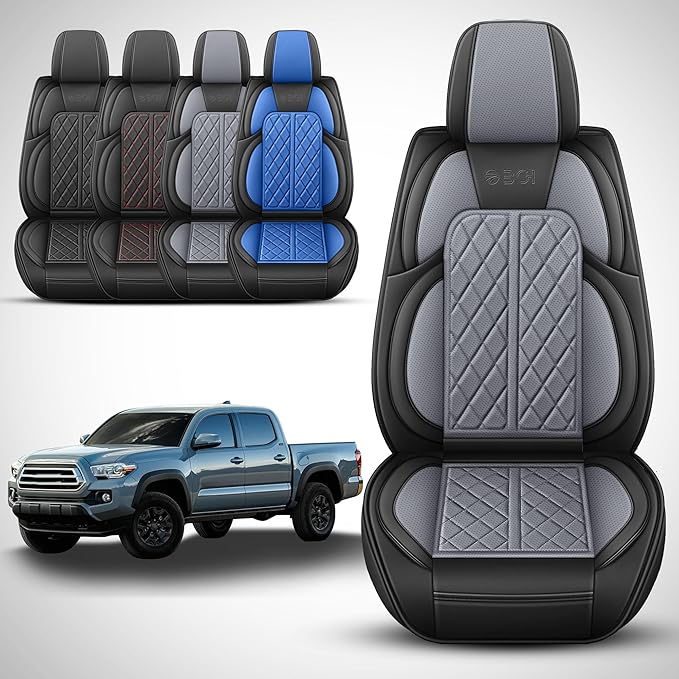 DuDuWang Car Seat Covers Custom Fit for Toyota Tacoma 2016-2023 Breathable Waterproof Faux Leather Protective Seat Cover with Pickup Truck (Black & Grey, Full Set)