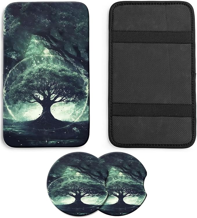 JANENFNA Car Armrest Cover Pads Universal Fashion Cute Auto Center Console Armrest Cover Pad with 2PCS Car Coasters Soft Waterproof Car Armrest Seat Protector for Women,World Tree