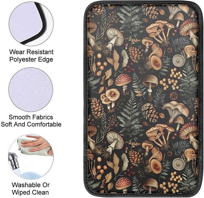 Mushroom Leaves Print Car Center Console Cover,Auto Armrest Cover Pads for Women Girls,Mushroom Car Accessories