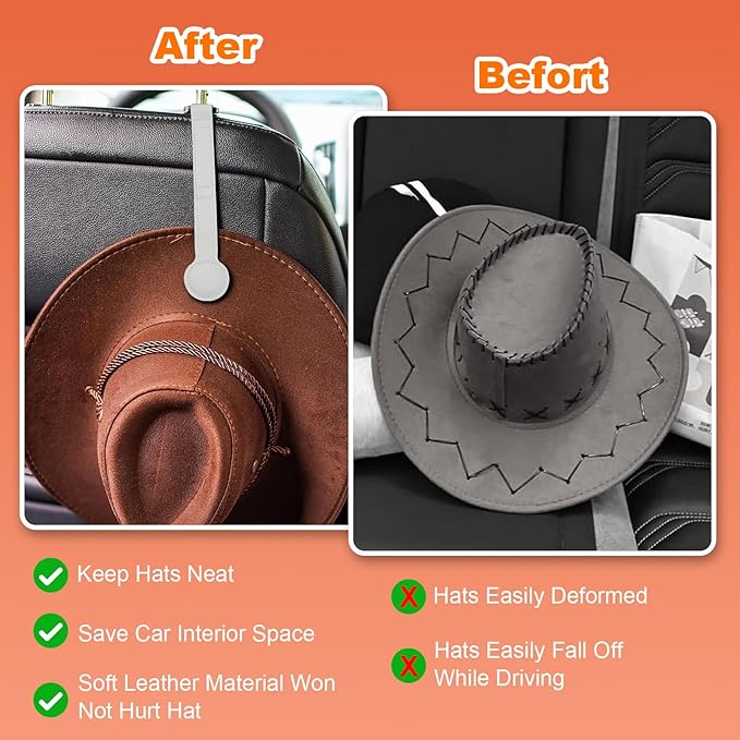 2 Pack Cowboy Hat Holder for Truck, Leather Magnetic Cap Clip, Truck Car Seat Hat Organizer Accessories for Men and Women, Suitable for Car, SUV, Pickup Seat Back Headrest Hat Clip Storage (White)