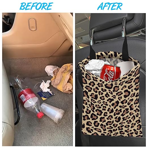 ghatobty Car Trash Bag Hanging Brown Leopard Print Car Trash Can Waterproof Garbage Bag Hanging for Car Back Seat