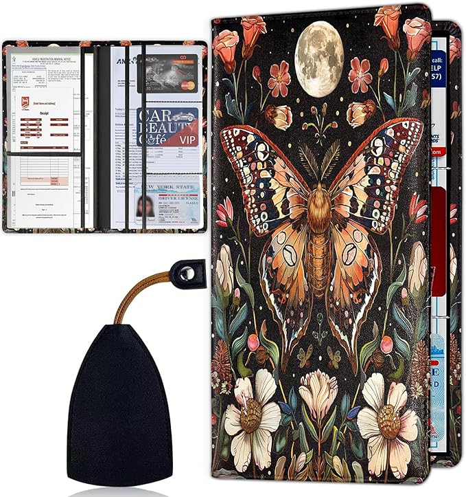 Car Registration and Insurance Card Holder for Women Men, Waterproof PU Leather Glove Box Car Organizer with Magnetic Shut, Vehicle Document Holder for Driver License,Cards, Moth Moon Pattern