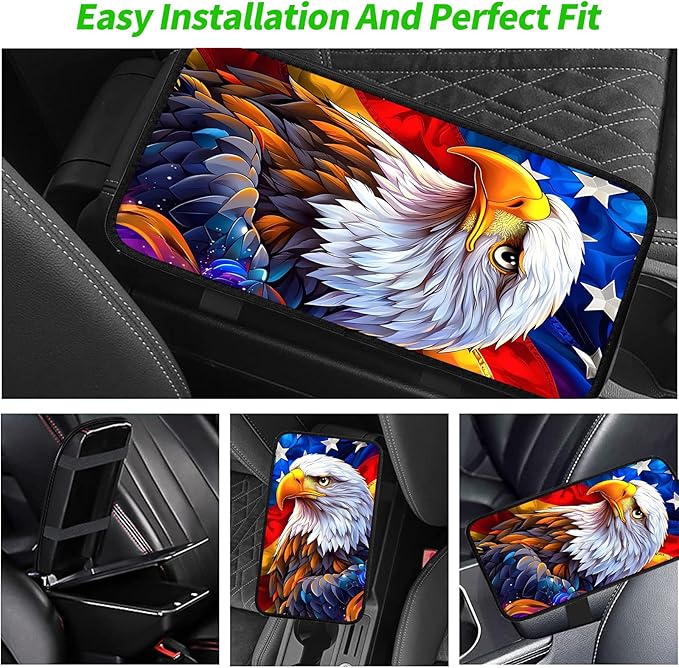 JANENFNA Car Armrest Cover Pads Universal Fashion Cute Auto Center Console Armrest Cover Pad with 2PCS Car Coasters Soft Waterproof Car Armrest Seat Protector for Women,Flag Eagle a