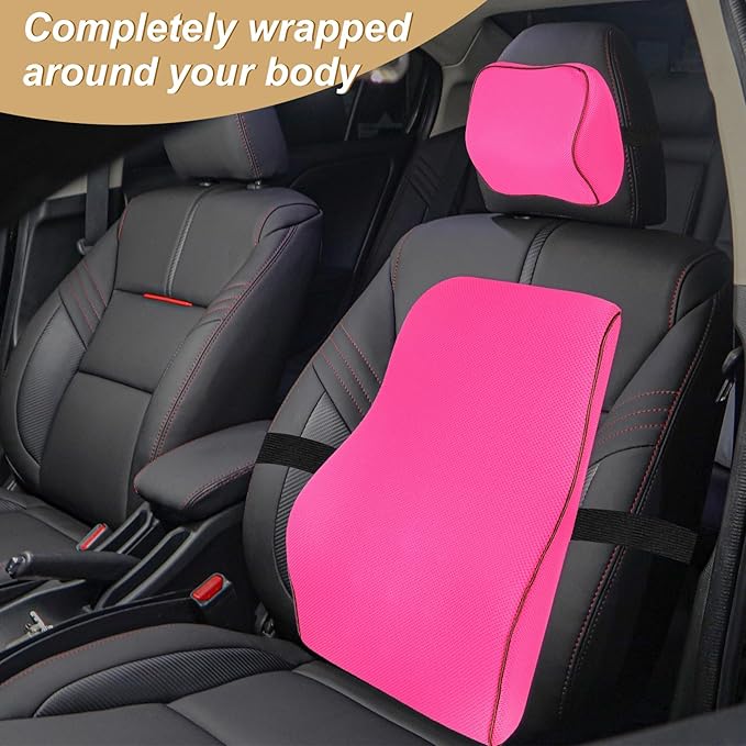 HARFINGTON Car Headrest & Lumbar Support Pillow Kit Memory Foam Ergonomic Seat Headrest & Lumbar Cushion for Driving Home Office Car Seat, Rose Red