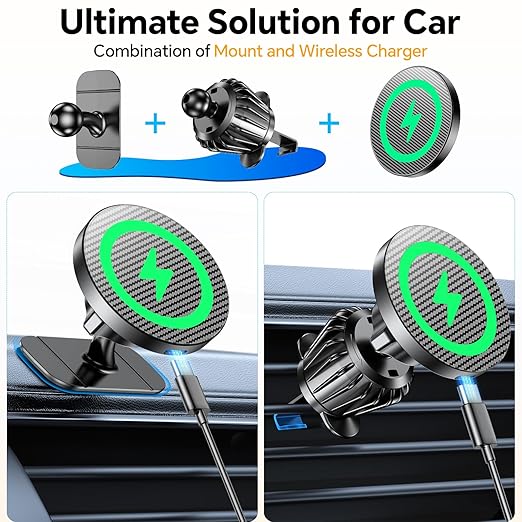 Coolpow for Magsafe Car Mount Charger【100% Stable】15W Magsafe Car Charger Magnetic Phone Holders for Your Car Accessories for Women Men car Phone Holder Wireless Car Charger for iPhone (Carbon Fiber)