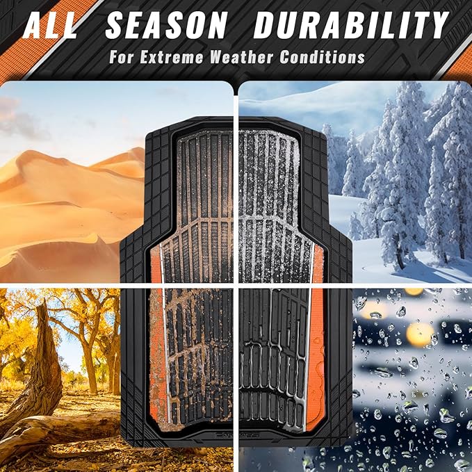 CAR PASS Heavy Duty Rubber Car Floor Mats, Deep Waterproof Car Floor Mats All Weather, Aluminum Film Floor Mats for Cars Non-Slip Universal Trim Fit for SUVs Trucks Sedans Vans, Black Orange Metallic