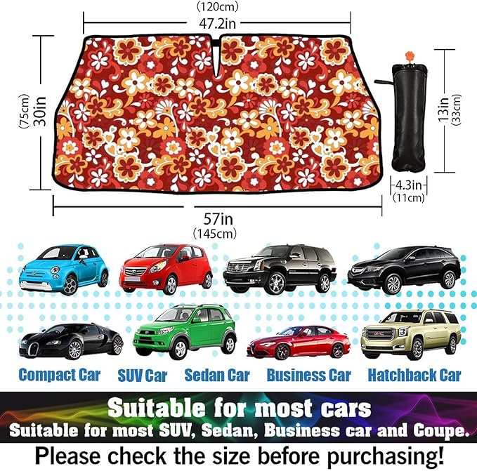 DOPINDU 60s 70s Flowers Car Windshield Sun Shade Umbrella Bendable Handle Foldable Funny Sunshade for Car Windshield Block UV Rays Keep Vehicle Cool for Most Sedans SUV Trucks Cars 57"x30"