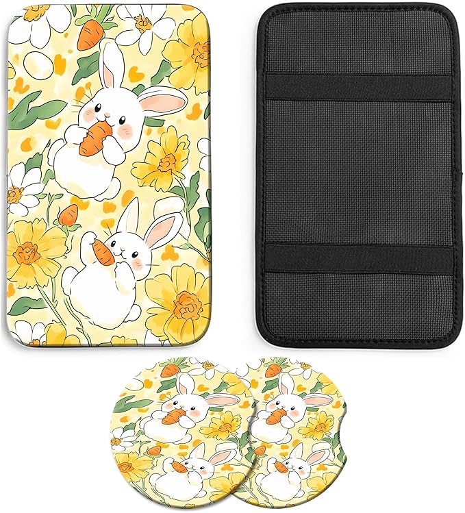 JANENFNA Car Armrest Cover Pads Universal Fashion Cute Auto Center Console Armrest Cover Pad with 2PCS Car Coasters Soft Waterproof Car Armrest Seat Protector for Women,Cute Rabbit