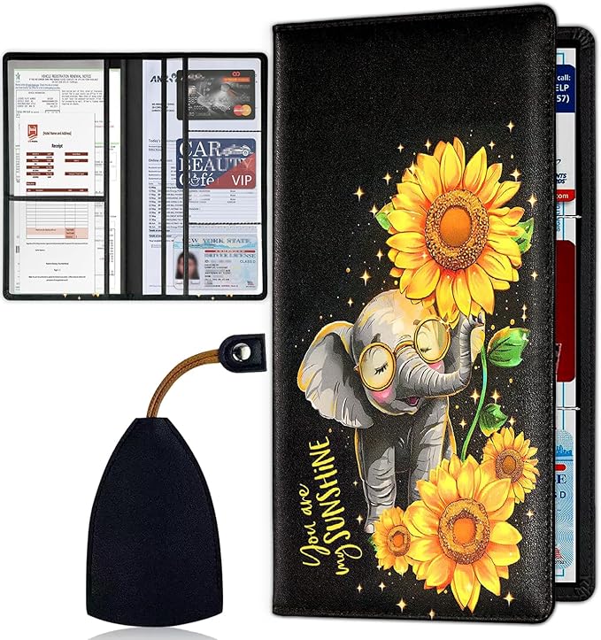 Car Registration and Insurance Card Holder for Women Men, Waterproof PU Leather Glove Box Car Organizer with Magnetic Shut, Vehicle Document Holder for Driver License, Cute Baby Elephant+ Sunflower 2